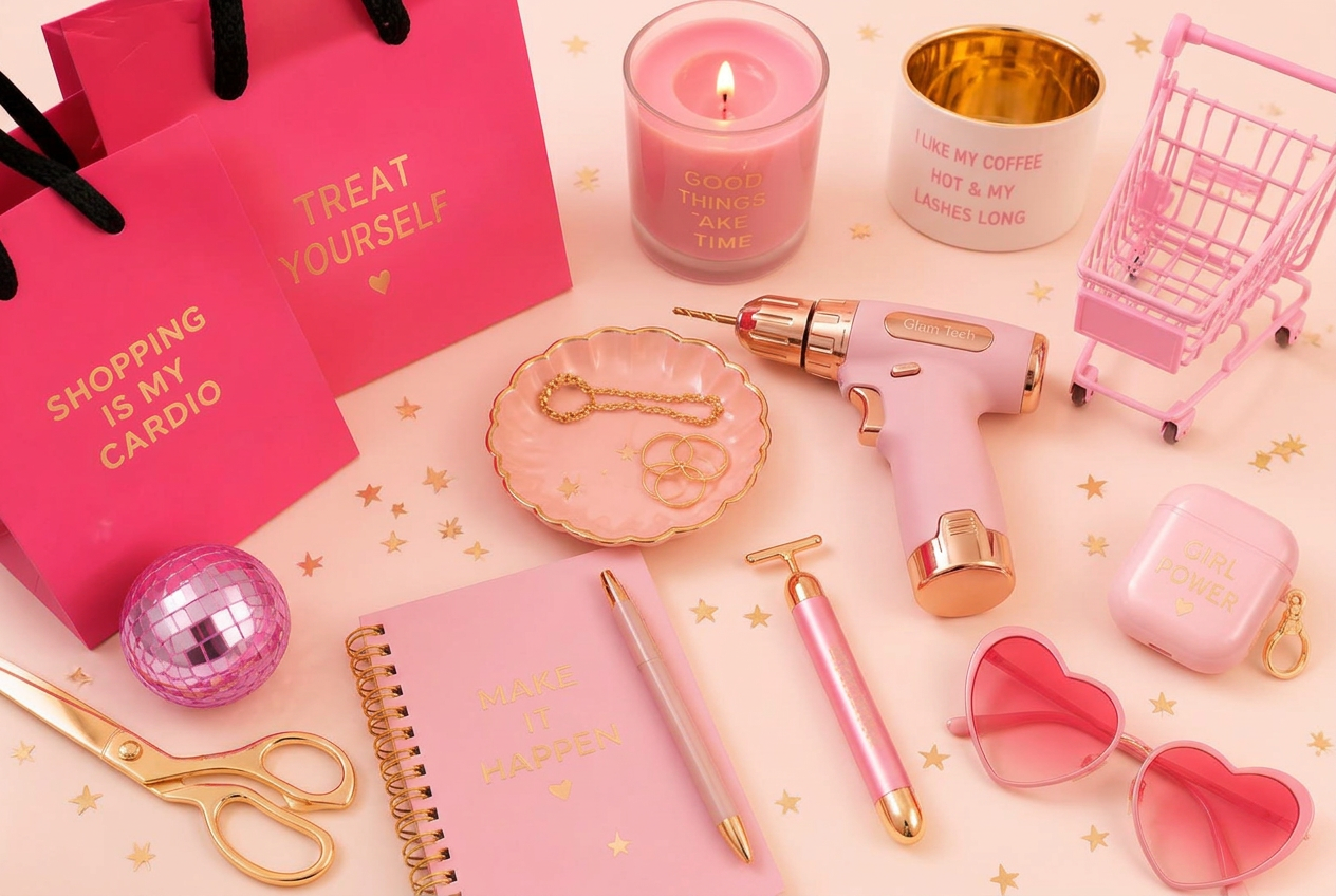 Pink and gold flat lay of affordable finds: shopping bags, candle, notebook, mini cart, and a cute pink drill